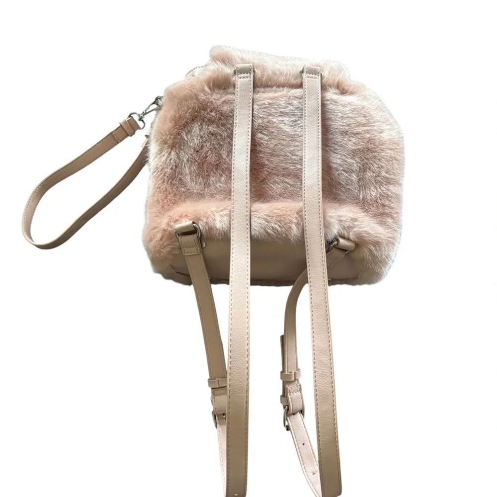 Zara Pink Faux Fur Fuzzy Pink Back Pack Faux Leather Pockets Wristlet NEW